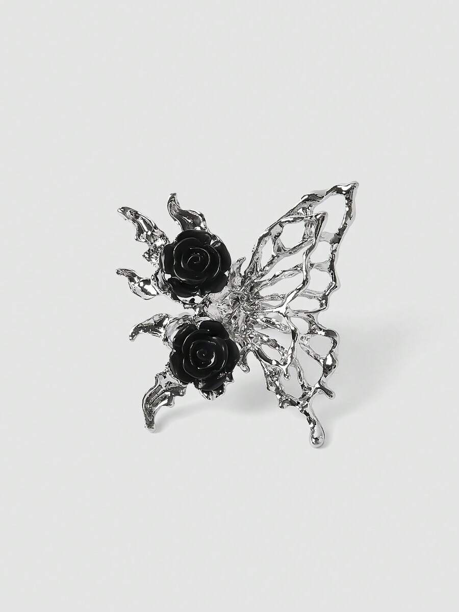 MortiRose Cincin Kupu-kupu Mawar Hitam Gaya Gothic Wanita, Perhiasan Pernyataan Sayap Berlubang Perak, Aksesori Halloween - Hitam dan Putih - View 1