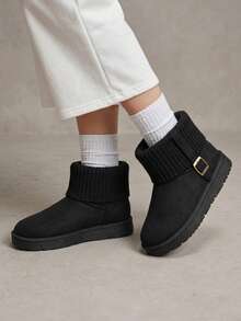 Solecia 女款針織口扣雪地靴 冬季天鵝絨保暖短靴 厚底防滑套筒短靴 - 黑色1 - 查看 7