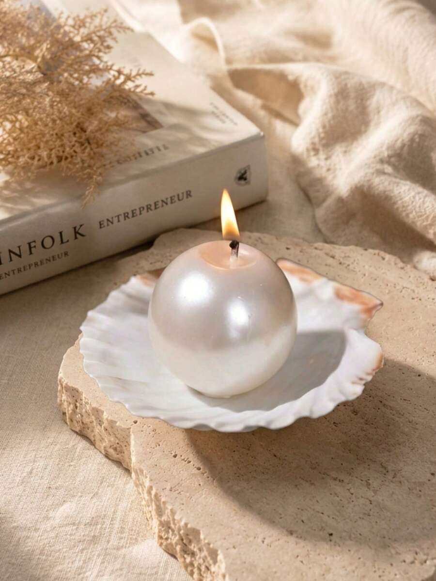 Cirelle 1pc Pearl Sphere Ball Candle With Seashell Dish Tray, Aesthetic Pearlized Round Soy Wax Candle For Room Decor, Wedding, Gift & Relaxation - White - View 1