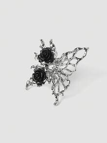 MortiRose Cincin Kupu-kupu Mawar Hitam Gaya Gothic Wanita, Perhiasan Pernyataan Sayap Berlubang Perak, Aksesori Halloween - Hitam dan Putih - View 2