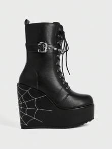 Sugerpunk Women's Thick-Soled Thick-Heeled Mid-Boots, Punk-Style Goth-Style Rivet Straps, Spider Web Embroidery, Thick-Soled Wedge-Heeled Sub-Culture Mid-Boots, Fall Boots - Black - View 2