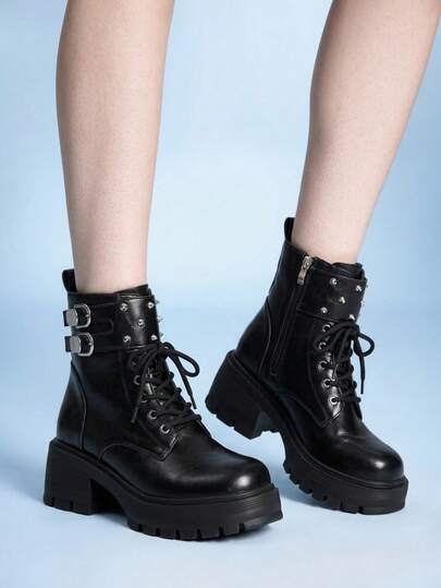 Sugerpunk Women Heeled Sandals Ankle Boots Women's British Style New Dark PU Rivets Thick-Soled Thin Retro Locomotive Ankle Boots Fall Boots