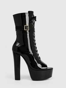 CUCCOO LuxiPop Outdoor Ladies Round Toe Thick Heel Thick Bottom Stylish Simple Comfortable Daily Party Night Club Side Zipper Boots Fall Boots - Mirror, black - View 1
