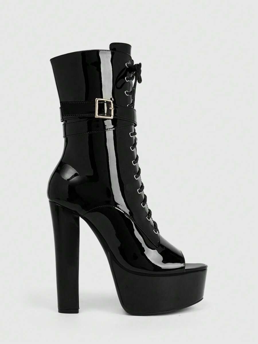 CUCCOO LuxiPop Outdoor Ladies Round Toe Thick Heel Thick Bottom Stylish Simple Comfortable Daily Party Night Club Side Zipper Boots Fall Boots - Mirror, black - View 1