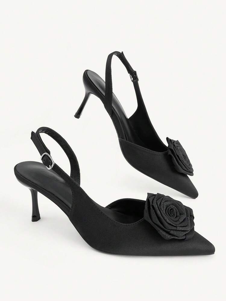 CUCCOO CHICEST Black Satin Three-Dimensional Rose Back Stilettos, Women's Pointed Toes, Slingbacks - Black - View 5