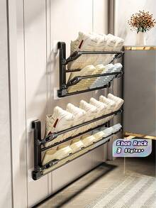 Over Door Shoe Rack, Foldable Wall Mount Hanging Slipper Holder For Entryway Bathroom, Space Saving Home Organizer For Bedroom Closet, No Drill Easy Install - Black - View 1