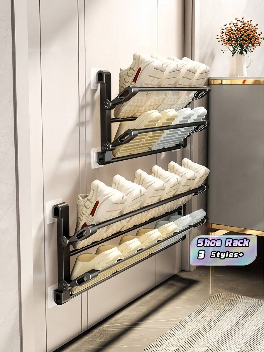 Over Door Shoe Rack, Foldable Wall Mount Hanging Slipper Holder For Entryway Bathroom, Space Saving Home Organizer For Bedroom Closet, No Drill Easy Install - Black - View 1