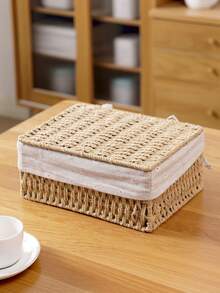 Handwoven Desktop Storage Basket With Liner Boho Home Decor Fall Autumn Organizer For Office Supplies Counter Toys Cosmetics Natural Grass Rope Rustic Farmhouse Style - coffee color - View 3