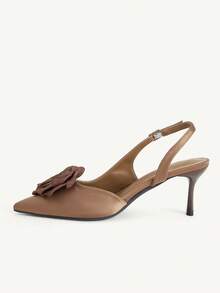 CUCCOO CHICEST Brown Satin Three-Dimensional Rose Back Stilettos, Women's Pointed Toes, Slingbacks - Brown - View 4