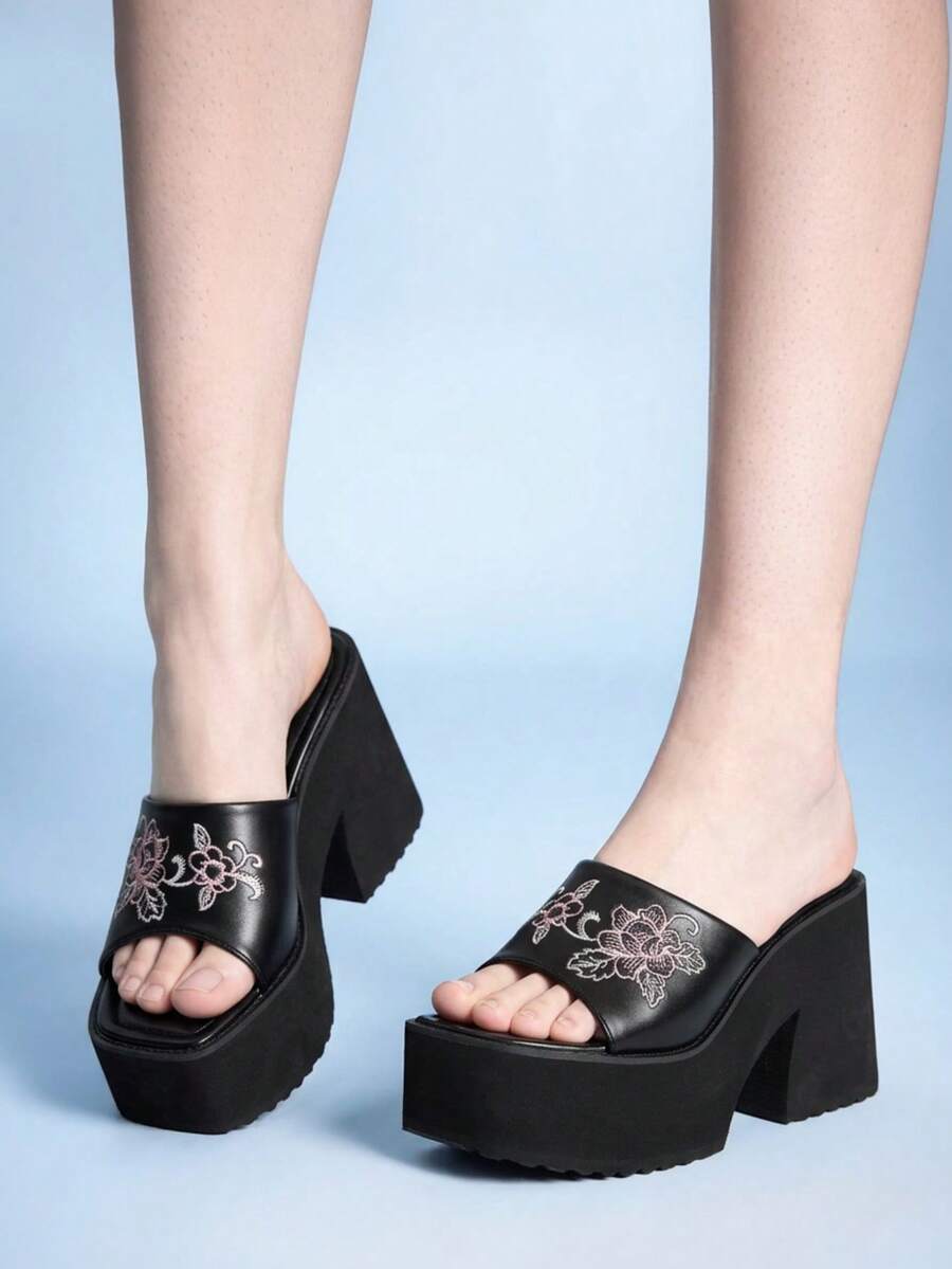 Sugerpunk Women's Casual Slip-On Square-Toe Platform Wedge Sandals, Punk-Style Gothic Chunky Heel, Open Toe, Embroidered With Botanical Flowers. - Pure black - View 1