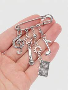ROMWE Y2K Rock Music Style Silver Retro Fringed Brooch, Clothes Bag Accessories, Tape Microphone Notes Stars Sun Pendant, - Silver - View 6