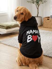 PETSIN 1件裝 MAMA BOY 紅色愛心字母印花寵物連帽衛衣，黑色，柔軟舒適保暖寵物衣 - 彩色 - 查看 3