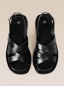HighSole Crossed sandaler med öppen tå, tjock sula, hälögla, spänne och rem, minimalistiska mångsidiga casualsandaler - Svart - Visa 3