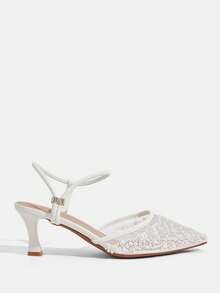 CUCCOO TILAWA Women Shoes Pearl Rhinestone Ornament Breathable Mesh, Pointed Thin Middle Heel, Elegant Wedding Shoe Style, White Strap Mules Sandals - Beige - View 3
