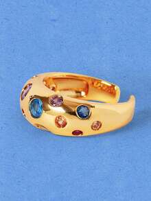 Popjeli Polished Gold Wide Version Ring, Multi-Color Round Rainbow Crystal Inlaid Thick Exaggerated Ring - Gold - Colored Diamonds - View 4