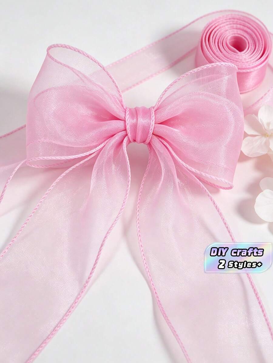 Ruy băng voan lưới chiffon màu hồng dùng gói quà, bó hoa cưới, đồ thủ công DIY, trang trí nhà cửa, phụ kiện tiệc và đóng gói sang trọng - Màu hồng - Xem 1