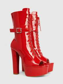 CUCCOO LuxiPop Outdoor Ladies Round Toe Thick Heel Thick Bottom Stylish Simple Comfortable Daily Party Night Club Side Zipper Boots Fall Boots - Mirror, red - View 3