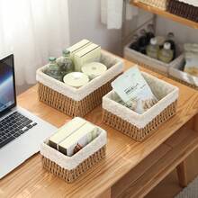 Haus Hana Boho Rattan Desk Storage Basket Set Of 3, Handwoven Wabi-Sabi Organizer With Floral Fabric Lining, Oriental Zen Style Cotton Rope Basket For Desktop, Vanity, Shelf, Small Sundries Storage - View 3