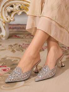 CUCCOO TILAWA Water Drop Pattern Rhinestone Elegant Sexy Pointed Women's High Heels - Exquisite And Fashionable Design, With A Pedal Design Stiletto Women Fall Shoes - Champagne - View 5