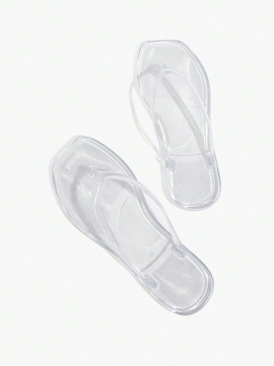 Grefit Spring And Summer New Square Toe Flat Bottom Leisure Vacation Simple Transparent Color Flat Bottom Sandals Slippers Women's Flip-Flops - Clear - View 1