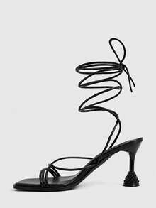 CUCCOO SZL Square Toe Thin Heel Sandals Women's Versatile Open-Toed Buckle High Heels Fashion Party Dinner Simple Women's Shoes - Black - View 5