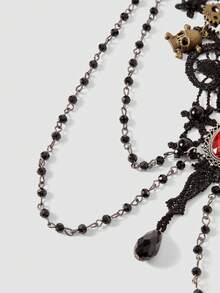 MortiRose 1 Piece Steampunk Black Lace Collar Necklace, Gothic Skull Pendant Multi-Layer Bead Chain Collar., Halloween, Halloween Accessories/Gothic/Dark/Black - Multicolor - View 10