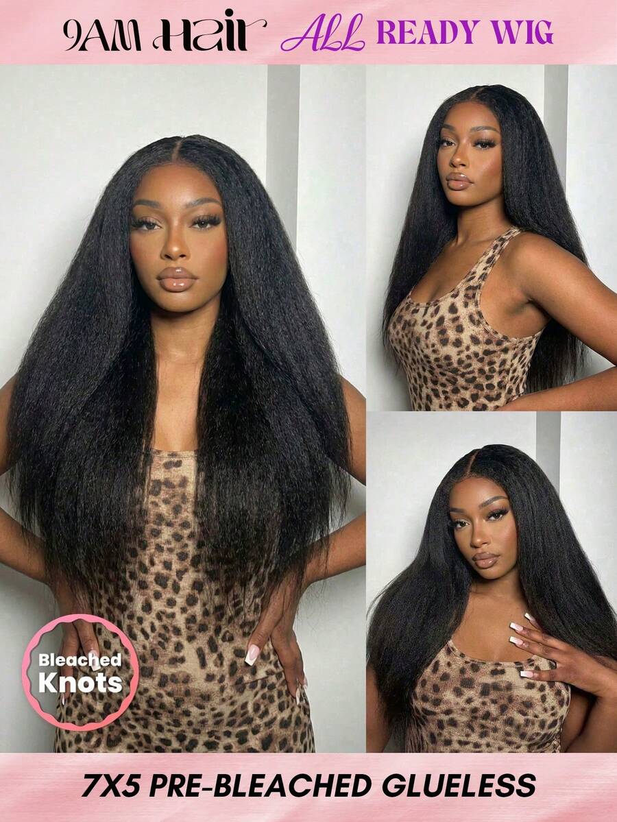 Long Kinky Straight All Ready Wig Pre Bleached Pre Plucked Pre-Cut Lace Melting Lace Front 6x4 Glueless Closure Wig Real Human Hair 9AM HAIR - SNatural - View 1