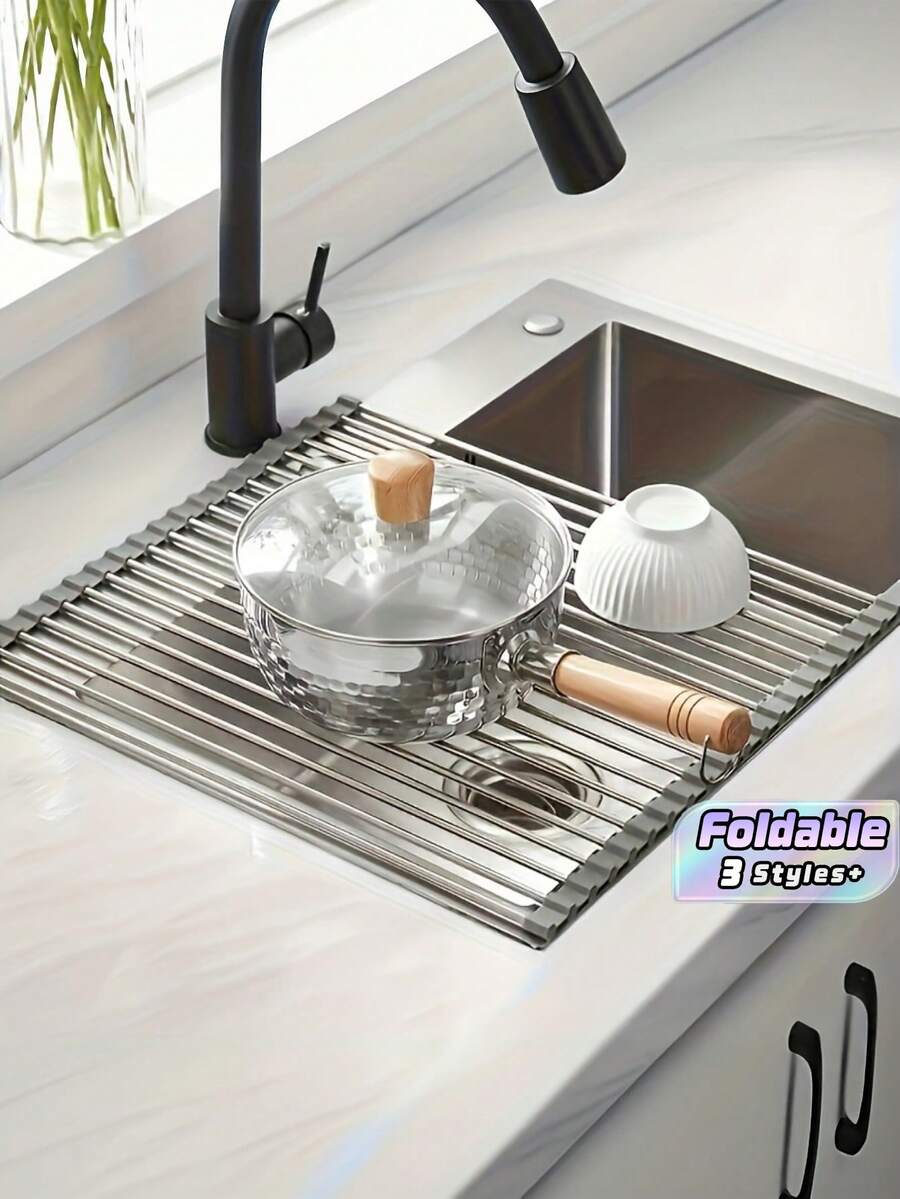Roll Up Dish Drying Rack Over The Sink, Stainless Steel Foldable Rollable Multipurpose Dish Drainer, Space Saving Rust Resistant Heavy Duty Non-Slip, Easy To Clean, For Small Kitchen, Apartment, RV, Kitchen Essentials, Home Storage - Multicolor - View 1