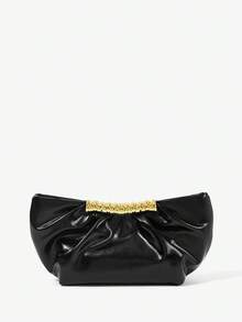 Maija Ladies Fashionable Elegant Simple Black Faux Leather Gold Hardware Decorative Clutch Bag, Party Banquet Dating Daily Afternoon Tea - Black - View 2