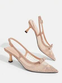 CUCCOO TILAWA Champagne Mesh Full Diamond Bow Back Empty Stiletto Sandals - Gold - View 3