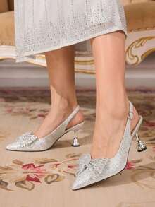 CUCCOO TILAWA Bow Rhinestone Elegant Sexy Pointed Women's High Heels - Exquisite And Stylish Design, With Lace-Up Buckle Design Stiletto Women Fall Shoes - Silver - View 6