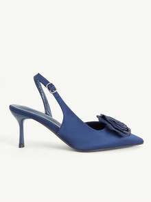 CUCCOO CHICEST Dark Blue Satin Three-Dimensional Rose Stilettos, Women's Pointed Toes, Slingbacks - dark blue - View 3