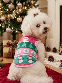 PETSIN 1pc Pink Edge Splicing Pink Green Stripe Tank Top, Santa Claus/Christmas Tree/Snowman Elements Gather For Christmas Pet Skin Friendly Breathable Tank Top - Multicolor - View 3