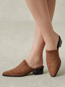 Styleloop Pointed Toe Western Mules Shoes, Retro Embroidered Thick Heel Mules Shoes - Western wind embroidery thread brown - View 2