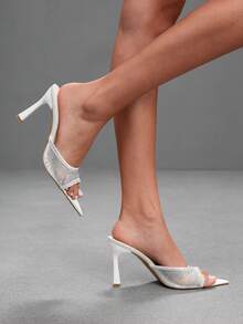 CUCCOO SZL Women's Pointed Toe High Heel Shoes, Rhinestone Decor Mesh Material, Fashion Comfortable For Daily, Party, Banquet, Slip-On Backless Sandals - Sardine, white - View 3