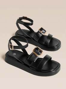 HighSole Fashion Buckle Double Band Platform Sandals Roman Sandals Leisure Travel Beach Vacation - Black - View 1