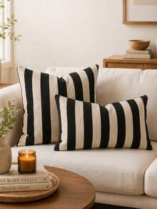 Cirelle 1pc/2pcs All-Season Wide Vertical Striped Textured Square Throw Pillow Covers, Neutral Tone Cushion Cases, Modern Rustic Farmhouse Boho Decorative Pillow Covers For Living Room Sofas, Bedrooms, Bay Windows And Homestays, Pillow Insert Not Included - Black - View 2
