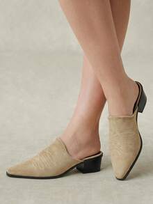Styleloop Women Shoes Snake Stitching Pointed Western Style Mule Shoes, Retro Embroidered Thick Heel Mules Shoes - Western wind embroidery thread khaki - View 1