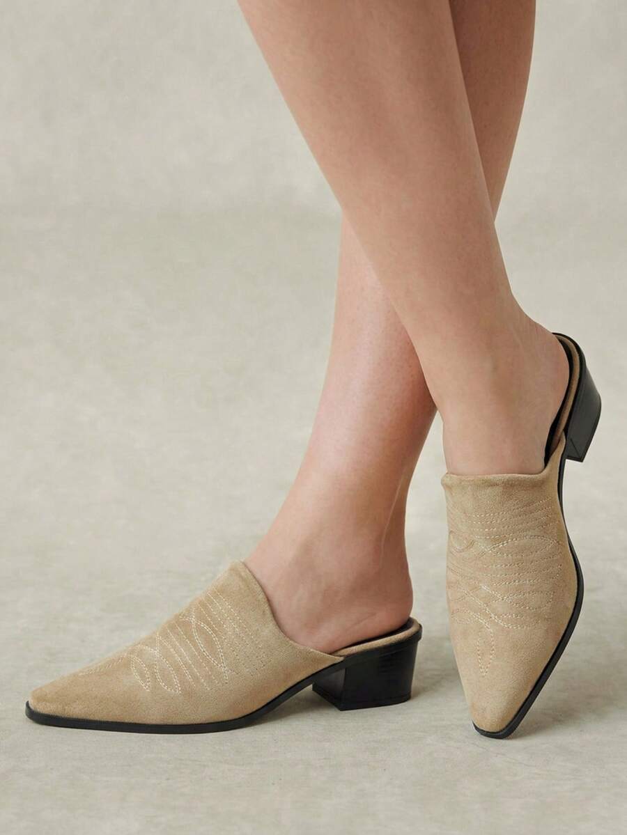 Styleloop Women Shoes Snake Stitching Pointed Western Style Mule Shoes, Retro Embroidered Thick Heel Mules Shoes - Western wind embroidery thread khaki - View 1