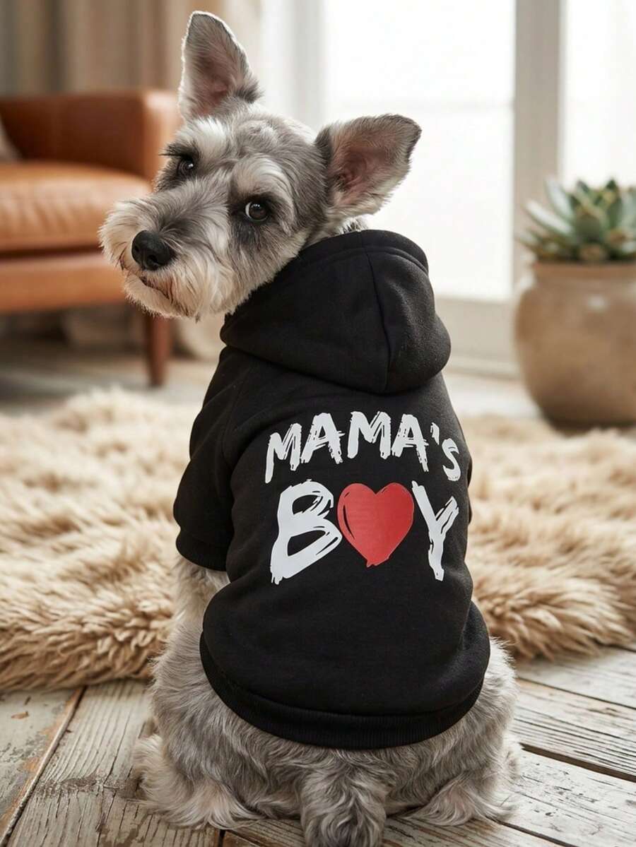 PETSIN 1件裝 MAMA BOY 紅色愛心字母印花寵物連帽衛衣,黑色,柔軟舒適保暖寵物衣 - 彩色 - 查看 1