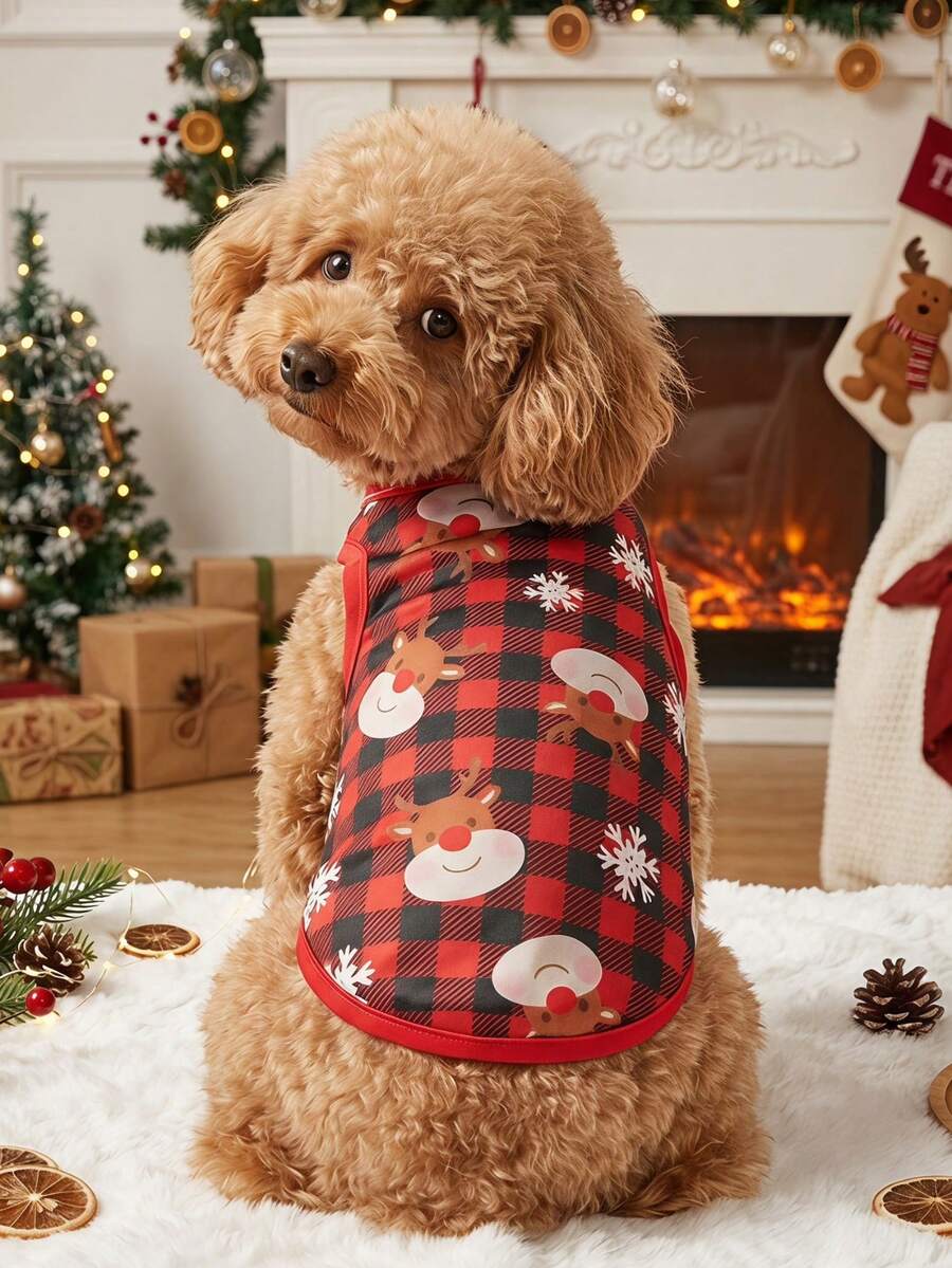 PETSIN 1 Piece Of Red Haig Pattern Pet Vest, Interwoven With Reindeer And Snowflake Patterns, Full Of Christmas Atmosphere, Skin Friendly Breathable Vest - Multicolor - View 1