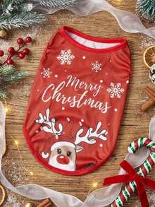PETSIN 1pc Pet Christmas Reindeer & Snowflake Pattern Breathable Lightweight Dog Vest, Red - Multicolor - View 2