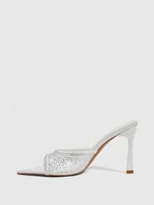 CUCCOO SZL Women's Pointed Toe High Heel Shoes, Rhinestone Decor Mesh Material, Fashion Comfortable For Daily, Party, Banquet, Slip-On Backless Sandals - Sardine, white - View 8