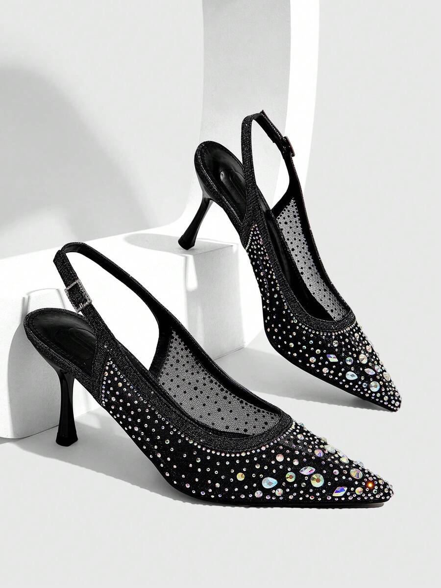 CUCCOO SZL Ladies Full Sky Rhinestone Pointed High Heels Translucent Fine Mesh Empty Single Shoes Party Wedding Style - Starry Sky Black - View 1