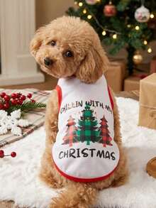 PETSIN 1pc Christmas Pet Vest, Eye-Catching Red And Green Checkered Christmas Tree Print, Breathable And Skin Friendly Printed Pet Vest With Red Border Contrasting Design - Multicolor - View 1