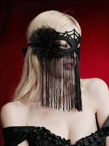 MortiRose Women's , Halloween Gothic Spider Web Fringe Mask With Ribbon Tie, Carnival Party Cosplay Eye Mask, Halloween, Halloween Accessories/Gothic/Dark/Black - Black - View 1