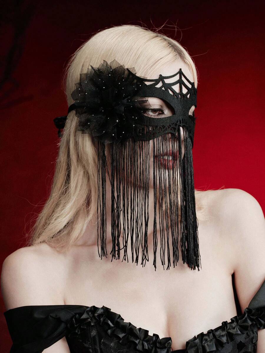 MortiRose Women's , Halloween Gothic Spider Web Fringe Mask With Ribbon Tie, Carnival Party Cosplay Eye Mask, Halloween, Halloween Accessories/Gothic/Dark/Black - Black - View 1
