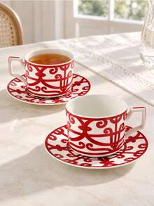 1 Set Of French-Style, Lightly Luxurious Coffee Cups And Saucers; Vintage, Niche Red Ceramic Cups And Saucers; Exquisite Afternoon Tea Dessert Cups And Saucers; A High-End Bone China Cup-And-Saucer Set For Home Use. - Multicolor - View 3