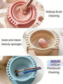 1pc Foldable Silicone Painting Brush Cleaner With Drying Rack And Storage Tray - Portable Washing Mat With Textured Base, Soft Silicone Material, Available In Pink, Blue, And Apricot, With Brush Holder, Suitable For Organizing Paint Brushes, Ideal - Multicolor - View 1