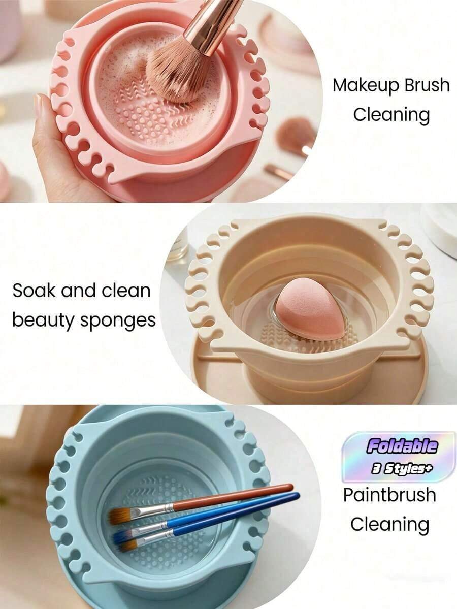 1pc Foldable Silicone Painting Brush Cleaner With Drying Rack And Storage Tray - Portable Washing Mat With Textured Base, Soft Silicone Material, Available In Pink, Blue, And Apricot, With Brush Holder, Suitable For Organizing Paint Brushes, Ideal - Multicolor - View 1